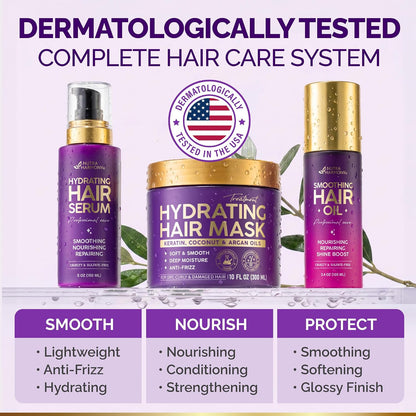 The NutraHarmony hair care line offers a dermatologically tested, complete system made in the USA. The three-step routine includes:

Hydrating Hair Serum: designed to smooth, nourish, and repair.
Hydrating Hair Mask Treatment: A rich mask aimed at soft, smooth hair, deep moisture, and anti-frizz action.
Smoothing Hair Oil: A nourishing oil crafted to repair hair, boost shine, and protect against environmental stress with a glossy finish.
