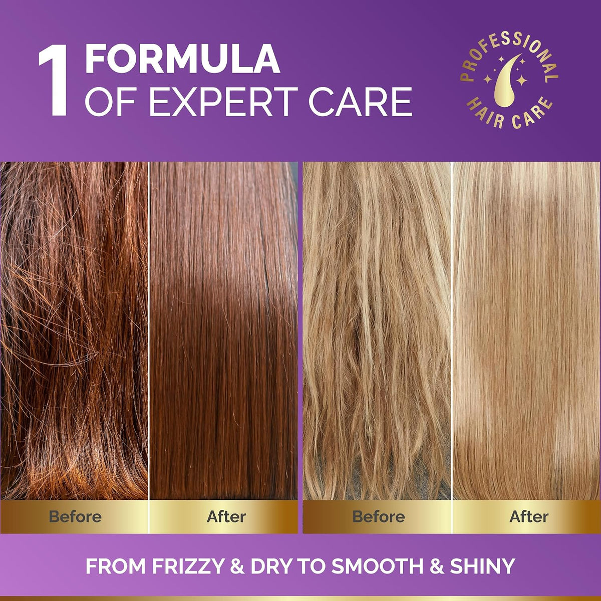 Before & After Results
Visual comparison demonstrating transformation after use:

Results: Smooths and restores shine to frizzy, dry hair for both dark and blonde textures.