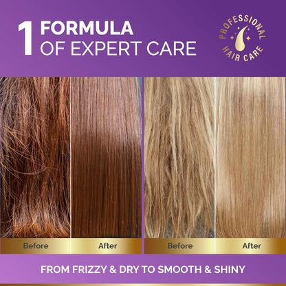 Before & After Results
Visual comparison demonstrating transformation after use:

Results: Smooths and restores shine to frizzy, dry hair for both dark and blonde textures.