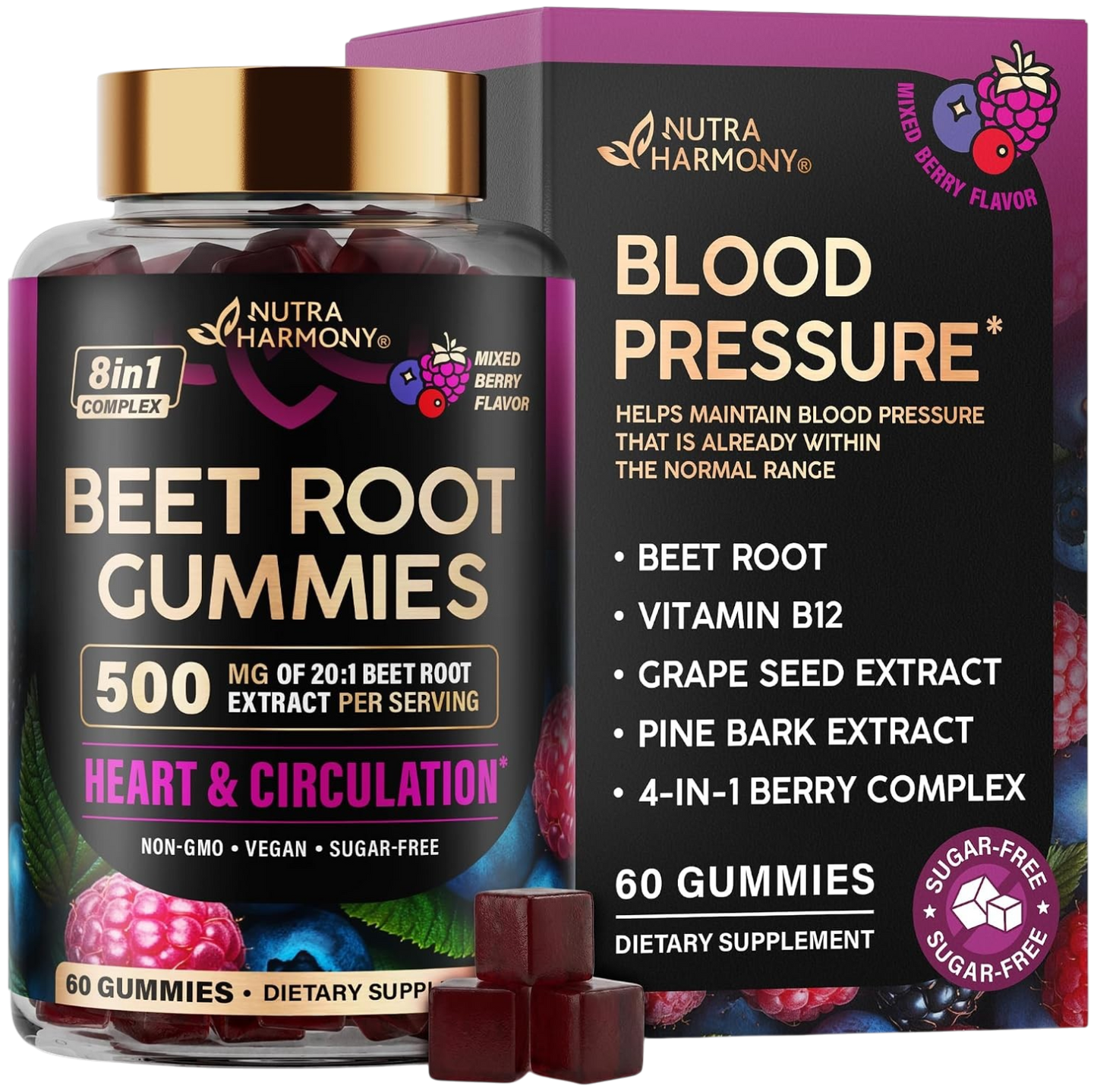 Beet Root Gummies 500mg - Blood Pressure Supplement - Sugar-Free, 60pcs