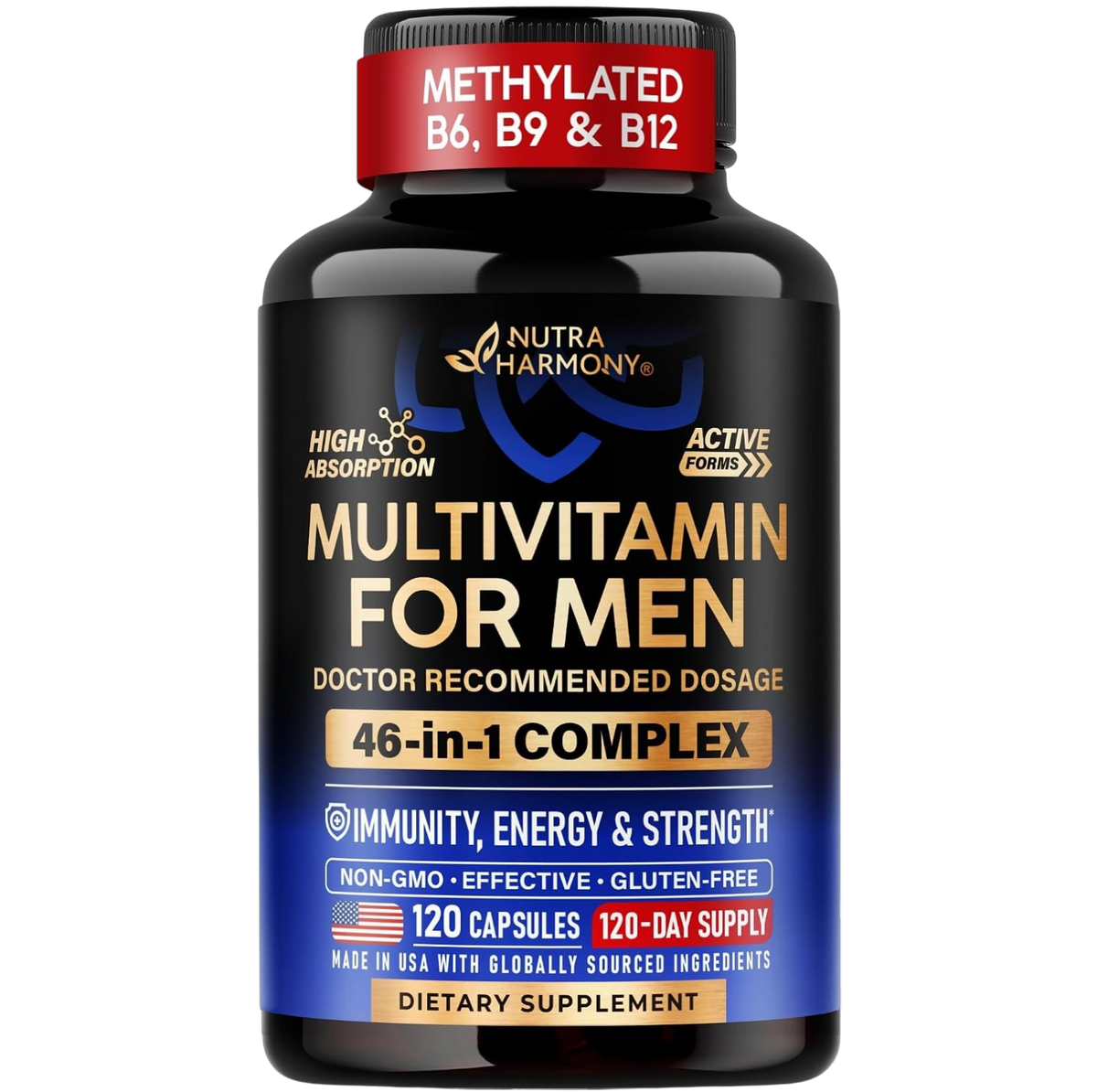 Front label of NutraHarmony Multivitamin for Men Full Spectrum Complex. 46-in-1 complex. Immunity, energy and strength. 120 Capsules, 1/Serving, Dietary Supplement.