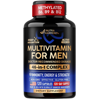 Front label of NutraHarmony Multivitamin for Men Full Spectrum Complex. 46-in-1 complex. Immunity, energy and strength. 120 Capsules, 1/Serving, Dietary Supplement.
