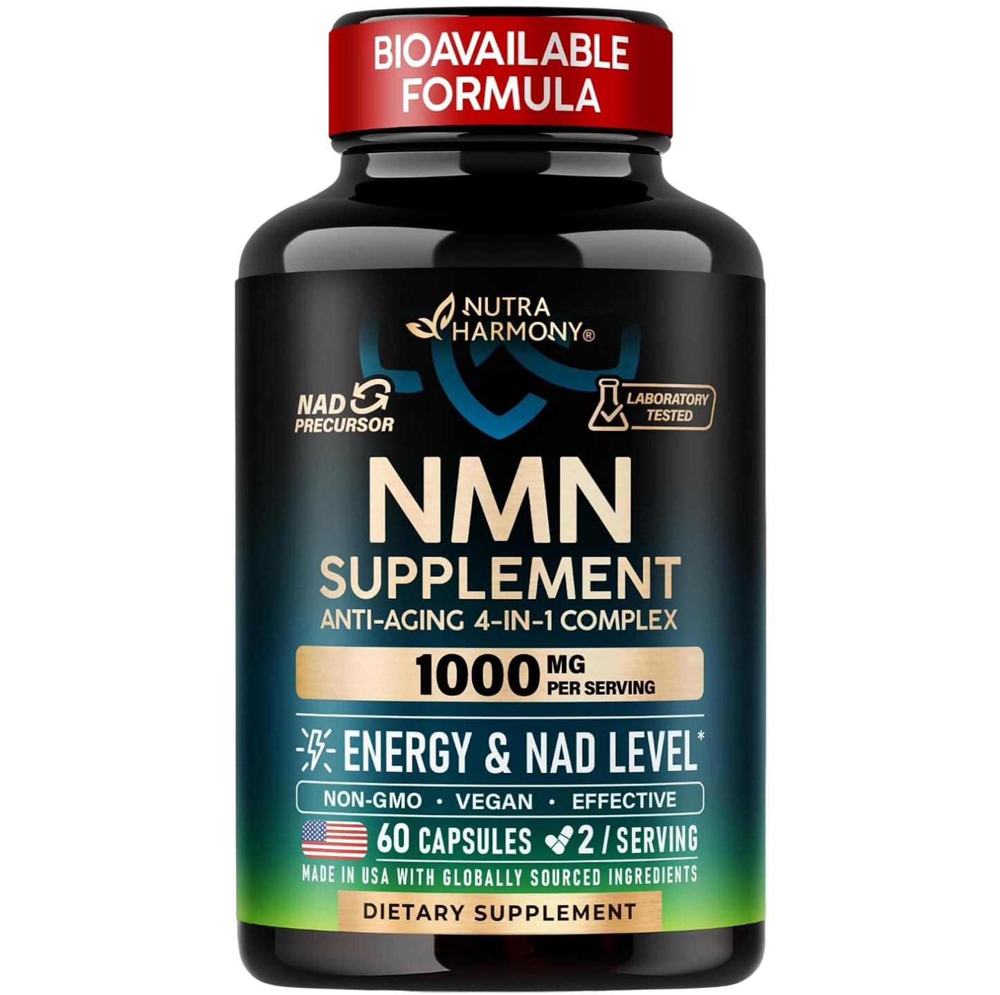 Glossy black bottle of NutraHarmony NMN Supplement with a red top reading BIOAVAILABLE FORMULA. The black and teal label reads NMN SUPPLEMENT ANTI-AGING 4-IN-1 COMPLEX in large gold letters, with a gold banner stating 1000 MG PER SERVING. Icons highlight NAD+ PRECURSOR and LABORATORY TESTED. Below, white text notes ENERGY & NAD LEVEL*, NON-GMO • VEGAN • EFFECTIVE, 60 CAPSULES, 2 / SERVING, MADE IN USA WITH GLOBALLY SOURCED INGREDIENTS and DIETARY SUPPLEMENT.