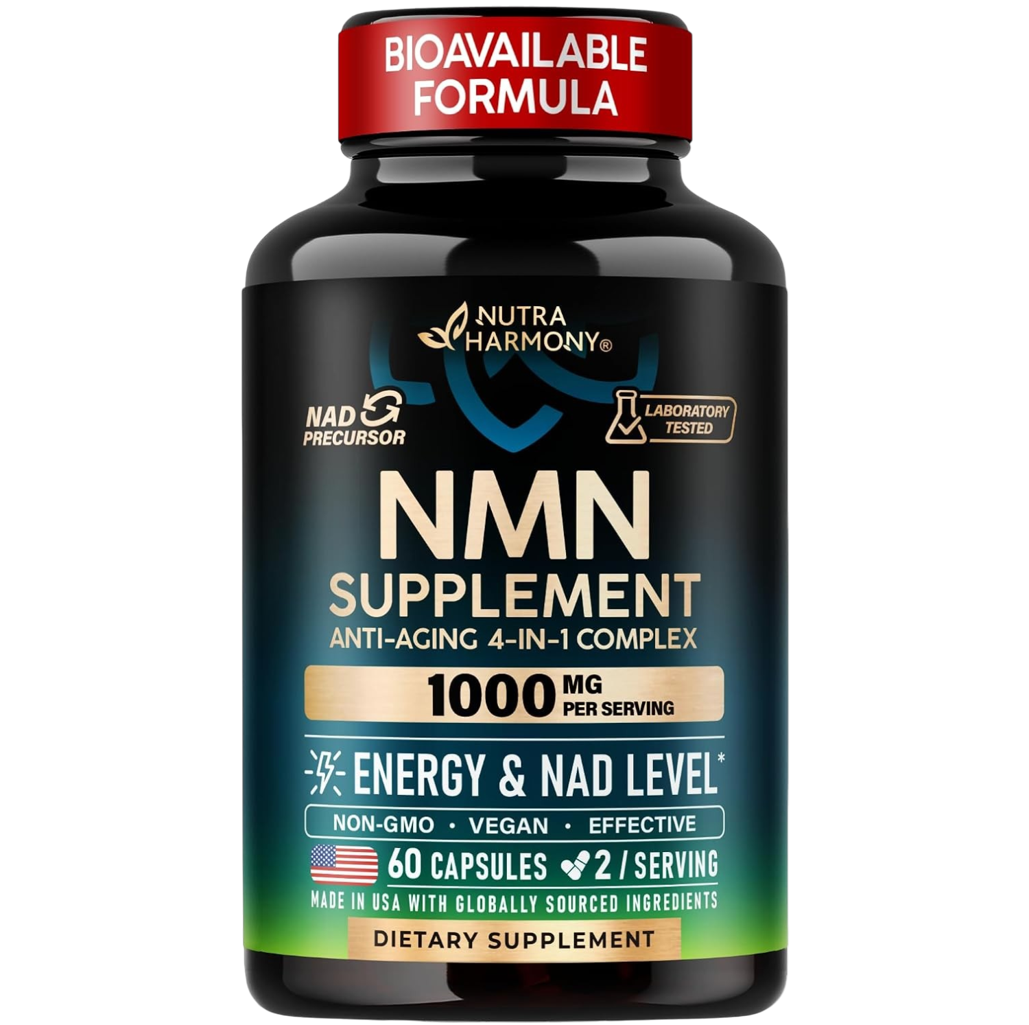 Glossy black bottle of NutraHarmony NMN Supplement with a red top reading BIOAVAILABLE FORMULA. The black and teal label reads NMN SUPPLEMENT ANTI-AGING 4-IN-1 COMPLEX in large gold letters, with a gold banner stating 1000 MG PER SERVING. Icons highlight NAD+ PRECURSOR and LABORATORY TESTED. Below, white text notes ENERGY & NAD LEVEL*, NON-GMO • VEGAN • EFFECTIVE, 60 CAPSULES, 2 / SERVING, MADE IN USA WITH GLOBALLY SOURCED INGREDIENTS and DIETARY SUPPLEMENT.