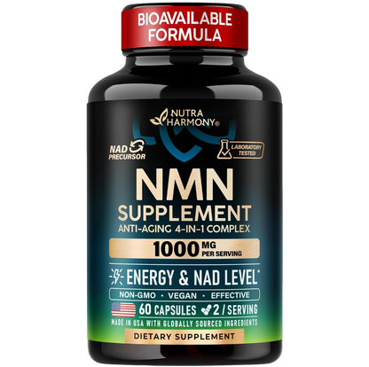Glossy black bottle of NutraHarmony NMN Supplement with a red top reading BIOAVAILABLE FORMULA. The black and teal label reads NMN SUPPLEMENT ANTI-AGING 4-IN-1 COMPLEX in large gold letters, with a gold banner stating 1000 MG PER SERVING. Icons highlight NAD+ PRECURSOR and LABORATORY TESTED. Below, white text notes ENERGY & NAD LEVEL*, NON-GMO • VEGAN • EFFECTIVE, 60 CAPSULES, 2 / SERVING, MADE IN USA WITH GLOBALLY SOURCED INGREDIENTS and DIETARY SUPPLEMENT.