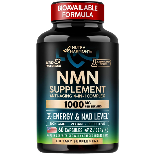 Glossy black bottle of NutraHarmony NMN Supplement with a red top reading BIOAVAILABLE FORMULA. The black and teal label reads NMN SUPPLEMENT ANTI-AGING 4-IN-1 COMPLEX in large gold letters, with a gold banner stating 1000 MG PER SERVING. Icons highlight NAD+ PRECURSOR and LABORATORY TESTED. Below, white text notes ENERGY & NAD LEVEL*, NON-GMO • VEGAN • EFFECTIVE, 60 CAPSULES, 2 / SERVING, MADE IN USA WITH GLOBALLY SOURCED INGREDIENTS and DIETARY SUPPLEMENT.
