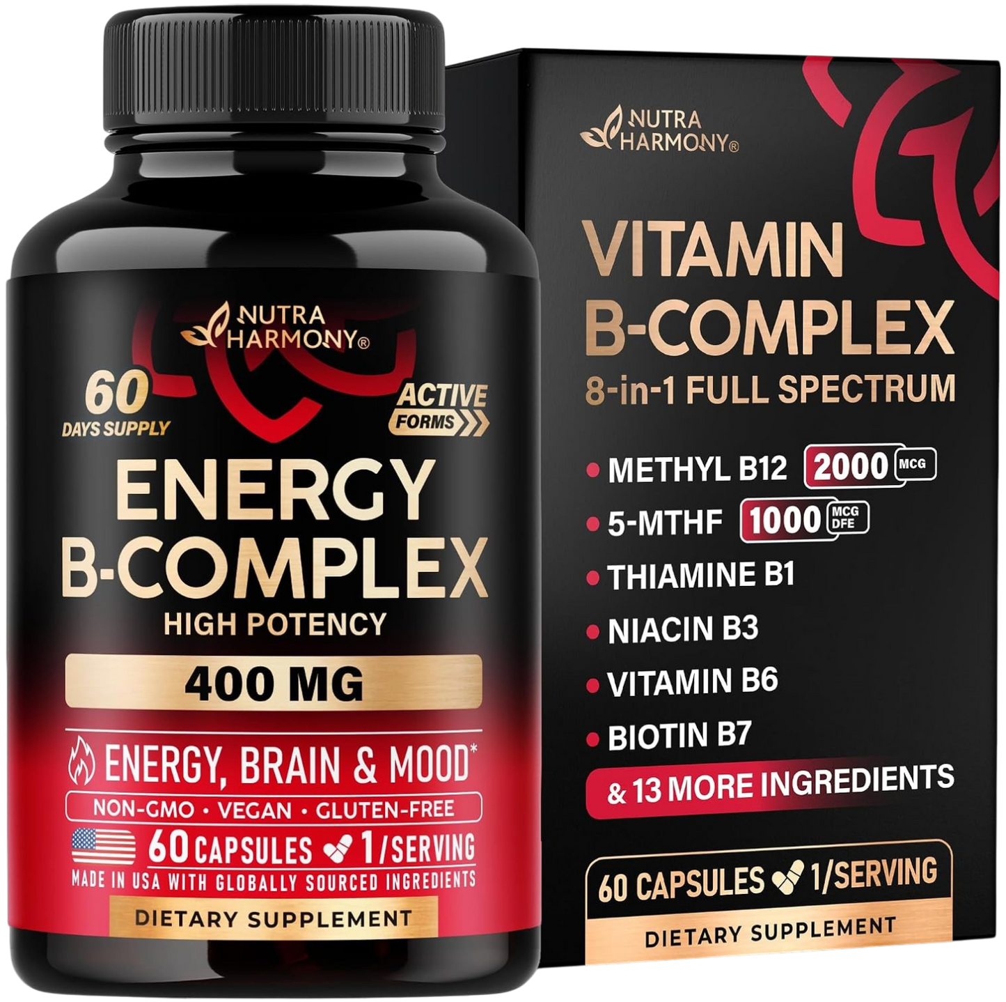 A black bottle and matching black retail box for Nutra Harmony Vitamin B-Complex dietary supplement, shown on a plain white background. The labels prominently feature gold and red text and graphics, with bullet points listing key ingredients and benefits.