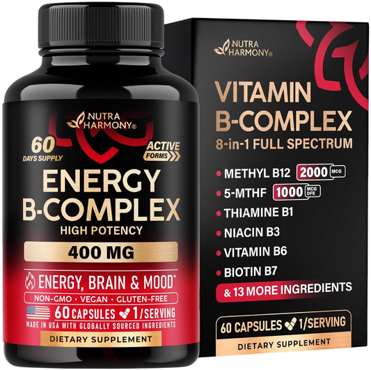 A black bottle and matching black retail box for Nutra Harmony Vitamin B-Complex dietary supplement, shown on a plain white background. The labels prominently feature gold and red text and graphics, with bullet points listing key ingredients and benefits.