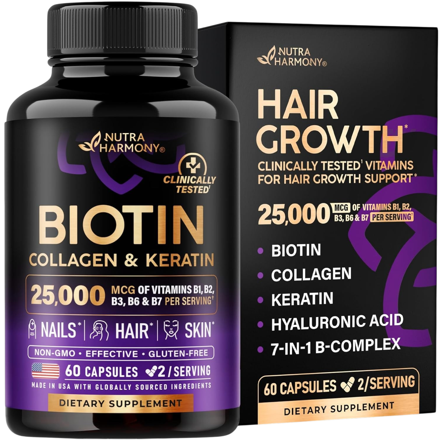 NutraHarmony Biotin, Collagen & Keratin bottle and box labeled CLINICALLY TESTED VITAMINS FOR HAIR GROWTH SUPPORT. Provides 25,000 mcg of B-Vitamins (B1, B2, B3, B6, B7) per serving for Nails, Hair, and Skin support. Contains 60 capsules (30-day supply at 2 capsules/serving). Non-GMO, Effective, Gluten-Free, and made in USA with globally sourced ingredients.