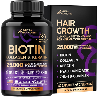 NutraHarmony Biotin, Collagen & Keratin bottle and box labeled CLINICALLY TESTED VITAMINS FOR HAIR GROWTH SUPPORT. Provides 25,000 mcg of B-Vitamins (B1, B2, B3, B6, B7) per serving for Nails, Hair, and Skin support. Contains 60 capsules (30-day supply at 2 capsules/serving). Non-GMO, Effective, Gluten-Free, and made in USA with globally sourced ingredients.