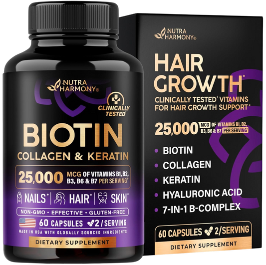 NutraHarmony Biotin, Collagen & Keratin bottle and box labeled CLINICALLY TESTED VITAMINS FOR HAIR GROWTH SUPPORT. Provides 25,000 mcg of B-Vitamins (B1, B2, B3, B6, B7) per serving for Nails, Hair, and Skin support. Contains 60 capsules (30-day supply at 2 capsules/serving). Non-GMO, Effective, Gluten-Free, and made in USA with globally sourced ingredients.