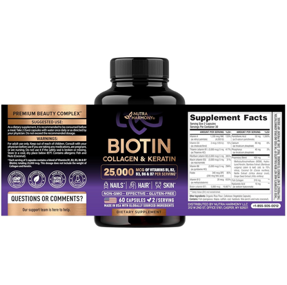 Label info: SUGGESTED USE: Take 2 capsules daily before a meal with water. WARNINGS: Adult use only. Consult physician if taking medication, pregnant, or nursing. Do not use if seal is broken. Store below 85°F. Contains allergens: Fish and Nuts (Coconut). Supplement Facts (30 servings, 2 caps/serving): 25,000 mcg Vitamin B-Complex (B1, B2, B3, B6, B7), Vitamins A, D3, Folate, B12, Biotin 5,000 mcg, Proprietary Blend 400 mg (MSM, Keratin, Bamboo, Coconut Oil, Nettle, Grape Seed, Collagen, Hyaluronic Acid).