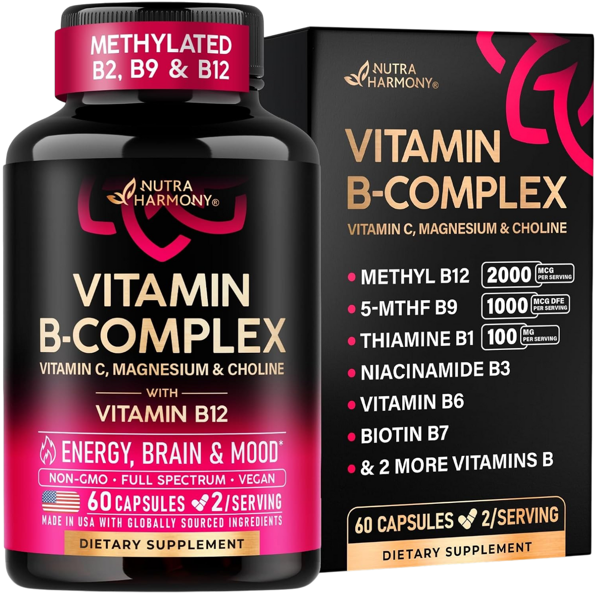 NutraHarmony Vitamin B-Complex bottle and box labeled METHYLATED B2, B9 & B12. Package text highlights METHYL B12 2000 MCG, 5-MTHF B9 1000 MCG DFE, THIAMINE B1 100 MG, Niacinamide B3, Vitamin B6, Biotin B7, plus Vitamin C, Magnesium & Choline. Target benefits: ENERGY, BRAIN & MOOD*. Contains 60 capsules (30-day supply at 2 capsules/serving). Non-GMO, Full Spectrum, Vegan. Made in USA with globally sourced ingredients. Dietary supplement.