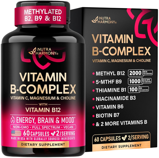 NutraHarmony Vitamin B-Complex bottle and box labeled METHYLATED B2, B9 & B12. Package text highlights METHYL B12 2000 MCG, 5-MTHF B9 1000 MCG DFE, THIAMINE B1 100 MG, Niacinamide B3, Vitamin B6, Biotin B7, plus Vitamin C, Magnesium & Choline. Target benefits: ENERGY, BRAIN & MOOD*. Contains 60 capsules (30-day supply at 2 capsules/serving). Non-GMO, Full Spectrum, Vegan. Made in USA with globally sourced ingredients. Dietary supplement.