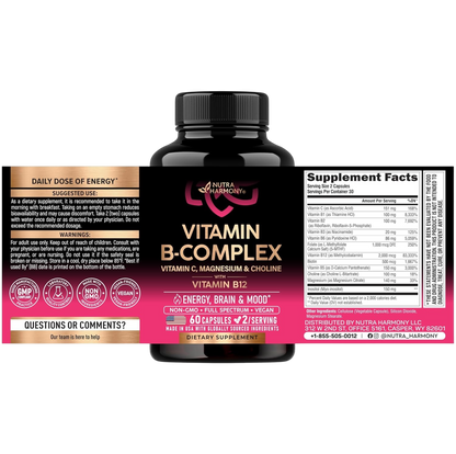 SUGGESTED USE: Take 2 capsules daily in morning with breakfast; taking on empty stomach reduces bioavailability. WARNINGS: Adult use only. Keep away from children. Consult doctor if pregnant, nursing, taking medication, or having medical conditions. Discontinue if adverse reaction occurs. Do not use if seal is broken. Store below 85°F. Supplement Facts (30 servings, 2 caps/serving): Vit C 151mg, B1 100mg, B2 100mg, B3 20mg, B6 86mg, Folate (5-MTHF) 1000mcg DFE, B12 2000mcg, Biotin 500mcg, B5 150mg, Choline 