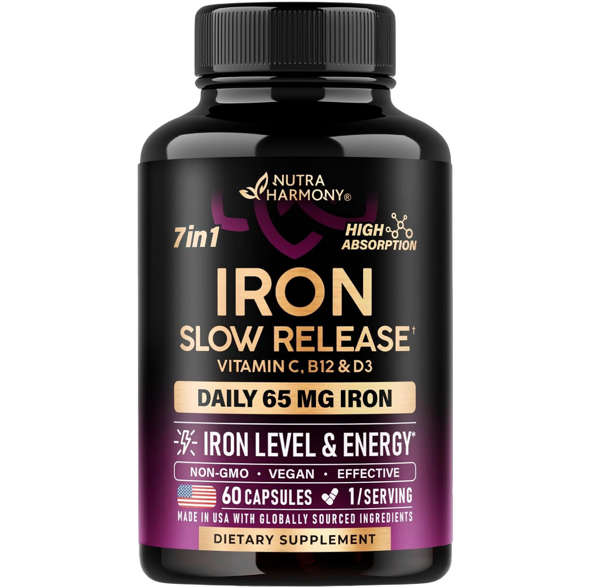 NutraHarmony 7in1 High Absorption Iron Slow Release with Vitamin C, B12 & D3. Core specs: DAILY 65 MG IRON, IRON LEVEL & ENERGY*, NON-GMO, VEGAN, EFFECTIVE, 60 CAPSULES, 1/SERVING. Made in USA with globally sourced ingredients. DIETARY SUPPLEMENT. 