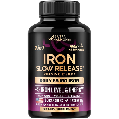NutraHarmony 7in1 High Absorption Iron Slow Release with Vitamin C, B12 & D3. Core specs: DAILY 65 MG IRON, IRON LEVEL & ENERGY*, NON-GMO, VEGAN, EFFECTIVE, 60 CAPSULES, 1/SERVING. Made in USA with globally sourced ingredients. DIETARY SUPPLEMENT. 