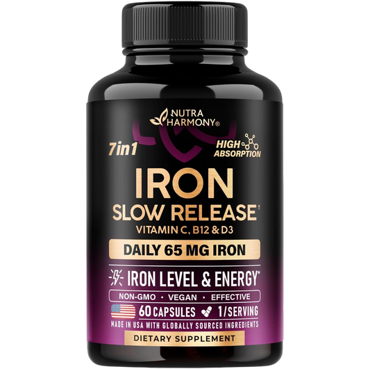 NutraHarmony 7in1 High Absorption Iron Slow Release with Vitamin C, B12 & D3. Core specs: DAILY 65 MG IRON, IRON LEVEL & ENERGY*, NON-GMO, VEGAN, EFFECTIVE, 60 CAPSULES, 1/SERVING. Made in USA with globally sourced ingredients. DIETARY SUPPLEMENT. 