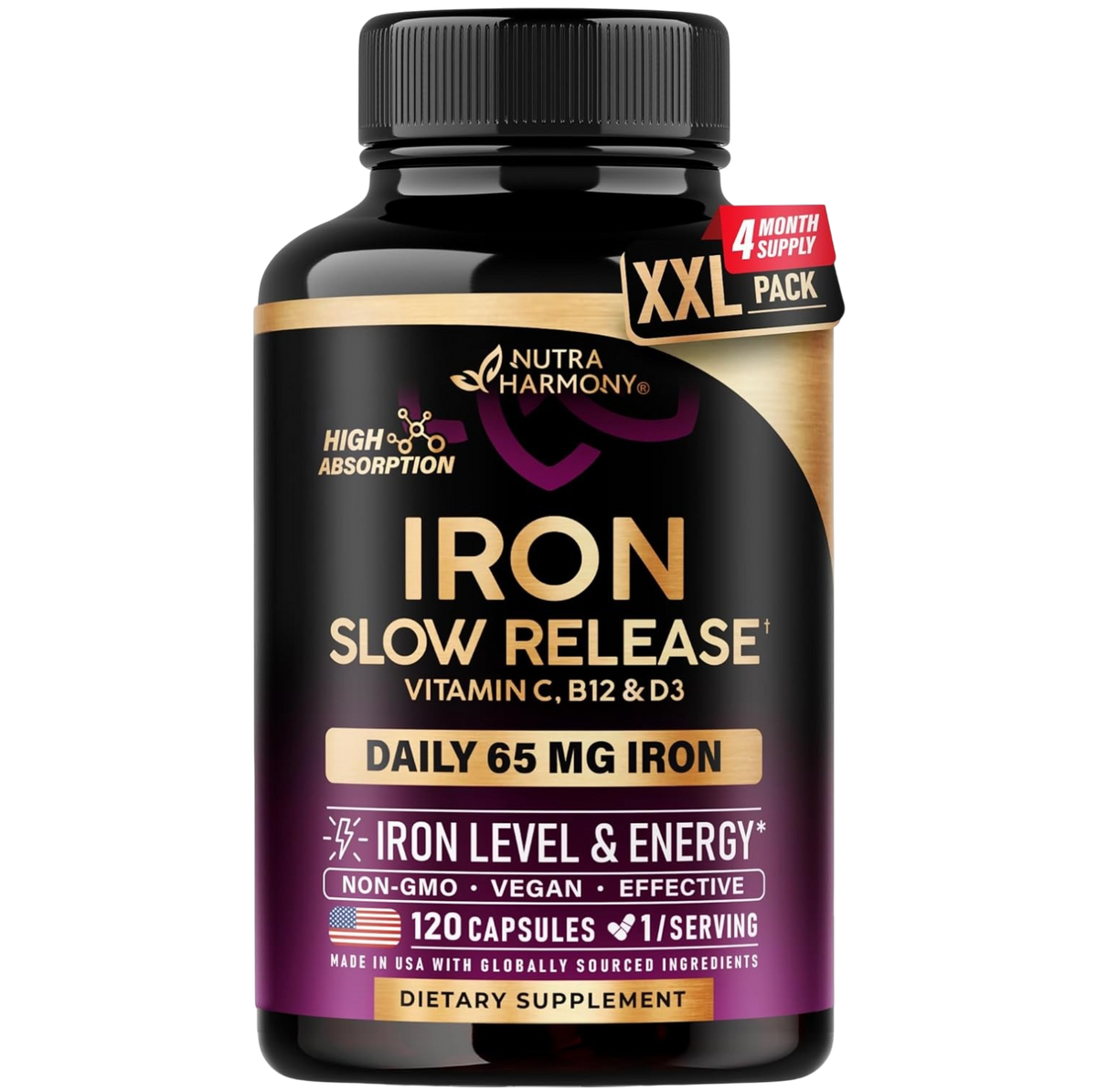NutraHarmony 7in1 High Absorption Iron Slow Release with Vitamin C, B12 & D3. 4-month supply. Core specs: DAILY 65 MG IRON, IRON LEVEL & ENERGY*, NON-GMO, VEGAN, EFFECTIVE, 120 CAPSULES, 1/SERVING. Made in USA with globally sourced ingredients. DIETARY SUPPLEMENT. 