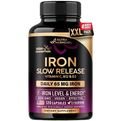 NutraHarmony 7in1 High Absorption Iron Slow Release with Vitamin C, B12 & D3. 4-month supply. Core specs: DAILY 65 MG IRON, IRON LEVEL & ENERGY*, NON-GMO, VEGAN, EFFECTIVE, 120 CAPSULES, 1/SERVING. Made in USA with globally sourced ingredients. DIETARY SUPPLEMENT. 