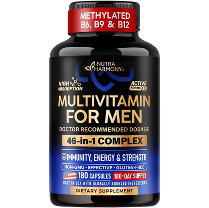 Front label of NutraHarmony Multivitamin for Men Full Spectrum Complex. 46-in-1 complex. Immunity, energy and strength. 180 Capsules, 1/Serving, Dietary Supplement.
