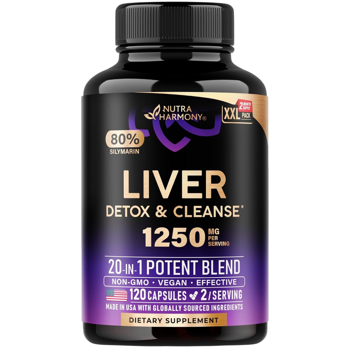 Front label of Liver Detox & Cleanse 1250 mg Per Serving, 20-in-1 Potent Blend.
Key Highlights: 80% Silymarin, Laboratory Tested, Milk Thistle, Dandelion, Artichoke, TUDCA, Glutathione.
Count & Serving: 120 Capsules (2 capsules per serving), XXL-pack, 2-month supply.
Claims: Non-GMO, Vegan, Effective, Made in USA with globally sourced ingredients. Dietary supplement.