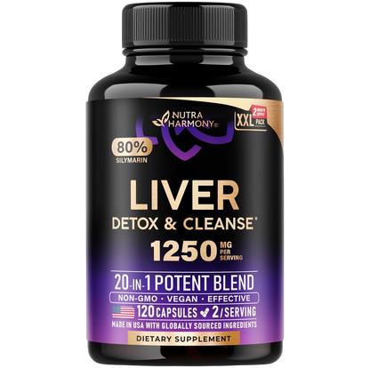 Front label of Liver Detox & Cleanse 1250 mg Per Serving, 20-in-1 Potent Blend.
Key Highlights: 80% Silymarin, Laboratory Tested, Milk Thistle, Dandelion, Artichoke, TUDCA, Glutathione.
Count & Serving: 120 Capsules (2 capsules per serving), XXL-pack, 2-month supply.
Claims: Non-GMO, Vegan, Effective, Made in USA with globally sourced ingredients. Dietary supplement.