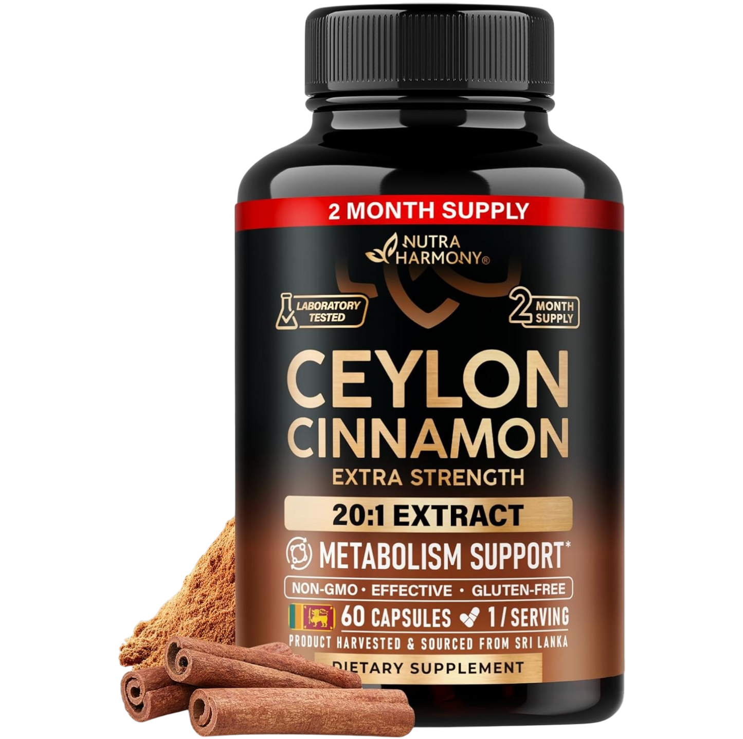 NutraHarmony Ceylon Cinnamon Extra Strength: 2 MONTH SUPPLY. Laboratory tested. Key specs: 20:1 EXTRACT METABOLISM SUPPORT*, NON-GMO, EFFECTIVE, GLUTEN-FREE, 60 CAPSULES, 1/SERVING. Product harvested & sourced from Sri Lanka. DIETARY SUPPLEMENT.