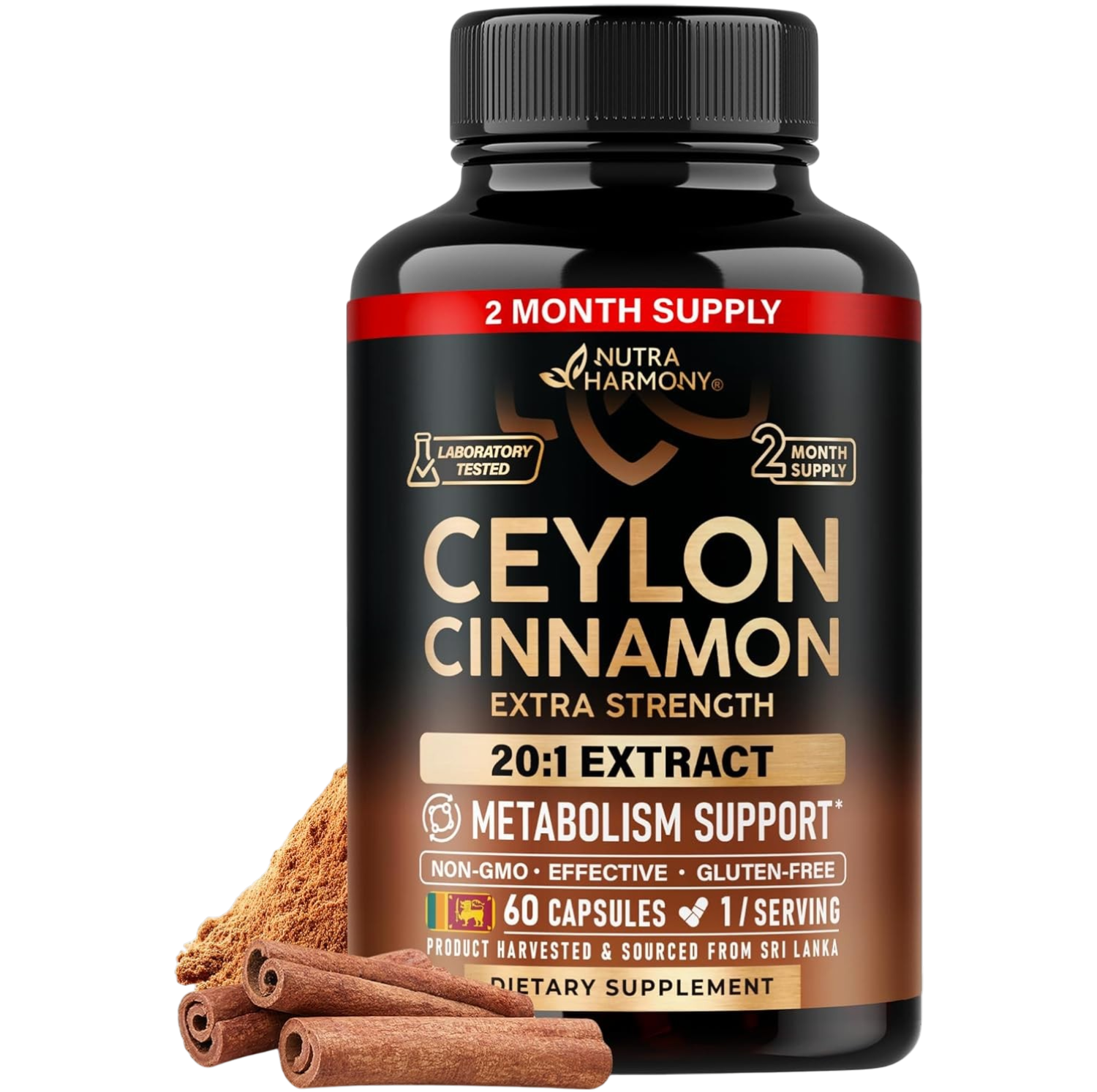 NutraHarmony Ceylon Cinnamon Extra Strength: 2 MONTH SUPPLY. Laboratory tested. Key specs: 20:1 EXTRACT METABOLISM SUPPORT*, NON-GMO, EFFECTIVE, GLUTEN-FREE, 60 CAPSULES, 1/SERVING. Product harvested & sourced from Sri Lanka. DIETARY SUPPLEMENT.