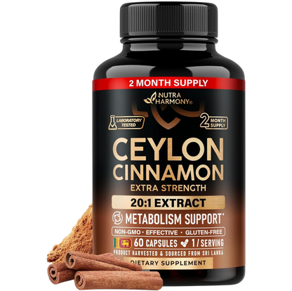 NutraHarmony Ceylon Cinnamon Extra Strength: 2 MONTH SUPPLY. Laboratory tested. Key specs: 20:1 EXTRACT METABOLISM SUPPORT*, NON-GMO, EFFECTIVE, GLUTEN-FREE, 60 CAPSULES, 1/SERVING. Product harvested & sourced from Sri Lanka. DIETARY SUPPLEMENT.