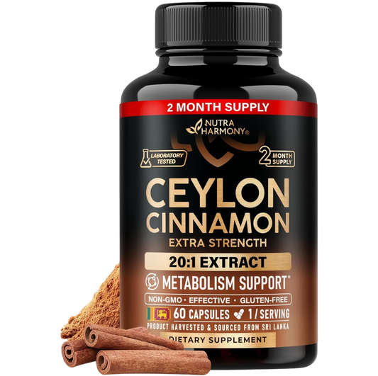 NutraHarmony Ceylon Cinnamon Extra Strength: 2 MONTH SUPPLY. Laboratory tested. Key specs: 20:1 EXTRACT METABOLISM SUPPORT*, NON-GMO, EFFECTIVE, GLUTEN-FREE, 60 CAPSULES, 1/SERVING. Product harvested & sourced from Sri Lanka. DIETARY SUPPLEMENT.