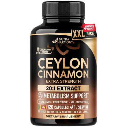 NutraHarmony Ceylon Cinnamon Extra Strength: 4 MONTH SUPPLY. Laboratory tested. Key specs: 20:1 EXTRACT METABOLISM SUPPORT*, 400 MG per capsule, NON-GMO, EFFECTIVE, GLUTEN-FREE, 120 CAPSULES, 1/SERVING. Product harvested & sourced from Sri Lanka. DIETARY SUPPLEMENT.