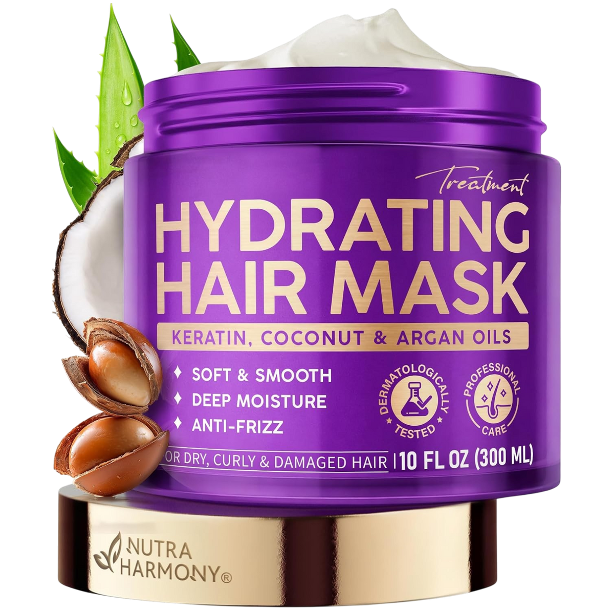 Displays the 10 fl oz (300 ml) NutraHarmony Hydrating Hair Mask tub resting alongside natural coconut and argan elements, emphasizing its dermatologically tested, professional-grade formulation for dry, curly, and damaged hair.