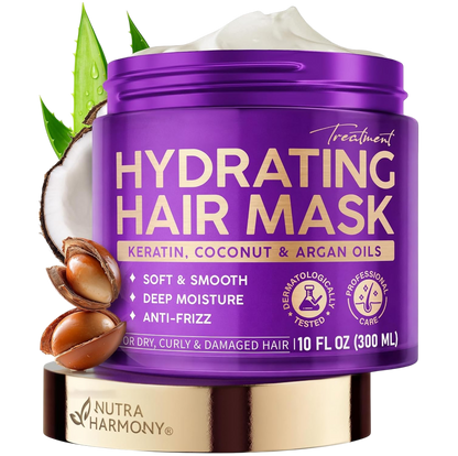 Displays the 10 fl oz (300 ml) NutraHarmony Hydrating Hair Mask tub resting alongside natural coconut and argan elements, emphasizing its dermatologically tested, professional-grade formulation for dry, curly, and damaged hair.