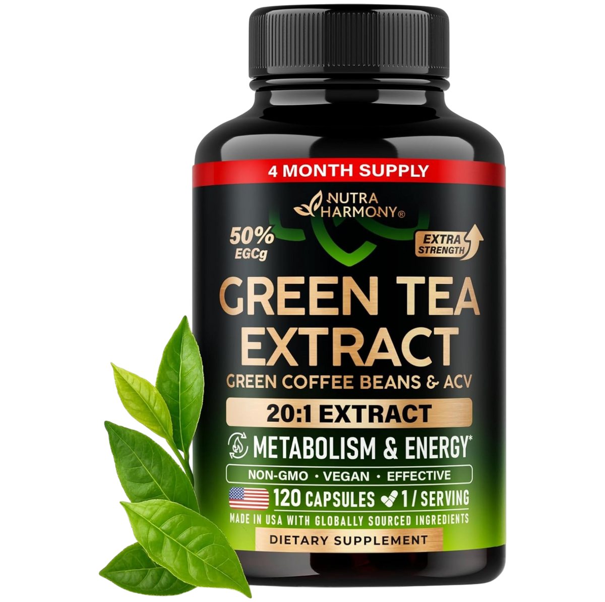 Front label of NutraHarmony Green Tea Extract 20:1 Extract with Green Coffee Beans & ACV (120 Capsules / 1 per serving).
Key Claims: 50% EGCG, Extra Strength, Metabolism & Energy Support, 4 Month Supply, Non-GMO, Vegan, Effective. Made in USA with globally sourced ingredients. Dietary supplement.