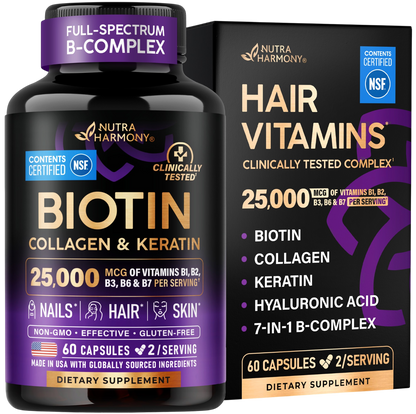 NutraHarmony Hair Vitamins Biotin Collagen & Keratin bottle and carton display. Shows 25,000 mcg of B-vitamins (B1, B2, B3, B6, B7) per serving for nails, hair, and skin. Highlights a 7-in-1 B-Complex formula with Biotin, Collagen, Keratin, and Hyaluronic Acid. Features NSF Contents Certified and Clinically Tested badges, 60 capsules (2 per serving), and non-GMO, gluten-free labels.