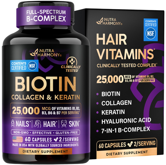 NutraHarmony Hair Vitamins Biotin Collagen & Keratin bottle and carton display. Shows 25,000 mcg of B-vitamins (B1, B2, B3, B6, B7) per serving for nails, hair, and skin. Highlights a 7-in-1 B-Complex formula with Biotin, Collagen, Keratin, and Hyaluronic Acid. Features NSF Contents Certified and Clinically Tested badges, 60 capsules (2 per serving), and non-GMO, gluten-free labels.