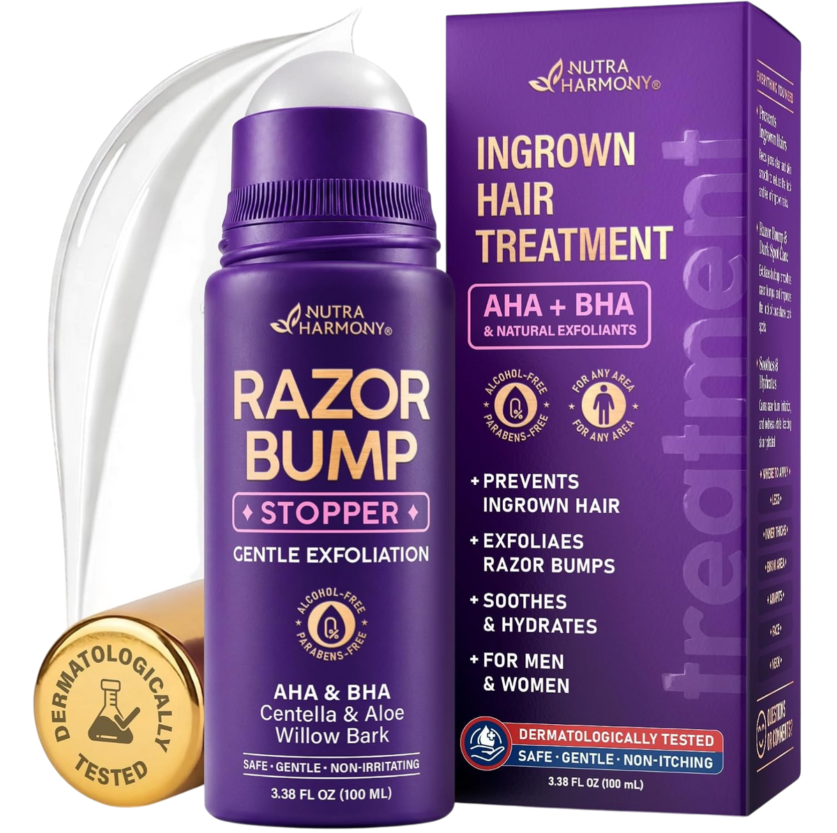 Product listing image featuring NutraHarmony Razor Bump Stopper bottle (3.38 fl oz / 100 ml) alongside its purple product box. Highlights key benefits: prevents ingrown hair, exfoliates razor bumps, and soothes and hydrates. Features a formula of AHA, BHA, Centella, Aloe, and Willow Bark, designed for men and women with safe, gentle, and non-irritating care. Includes a Dermatologically Tested badge.