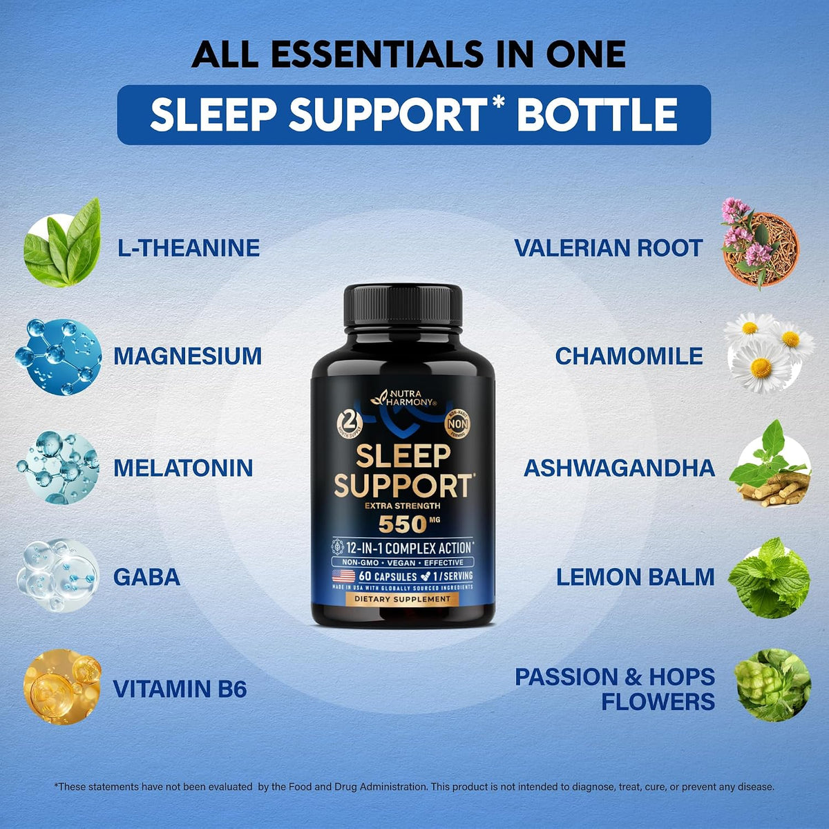 12-in-1 Complex Ingredients: Visual highlight of the active formula components including L-Theanine, Magnesium, Melatonin, GABA, Vitamin B6, Valerian Root, Chamomile, Ashwagandha, Lemon Balm, Passion Flower, and Hops.