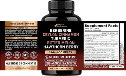 Take 1 capsule before a meal.
For adult use only. Store below 85°F.
Ingredients:
Berberine 20:1 Extract 250 mg
Ceylon Cinnamon 20:1 Extract 100 mg
Proprietary Blend Beet Root, Aloe Vera, CoQ10, Korean Ginseng, Milk Thistle 100 mg
Apple Cider Vinegar 20:1 Extract 50 mg
Citrus Bergamot 20:1 Extract 50 mg
Turmeric 10:1 Extract 50 mg
Bitter Melon 20:1 Extract 25 mg
Hawthorn Berry 20:1 Extract 25 mg
Gymnema 25:1 Extract 20 mg
Black Pepper Extract – 5 mg
Other: Hypromellose, Rice Flour, Magnesium Stearate.