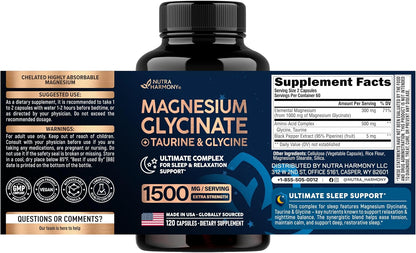 Supplement Facts:
Elemental Magnesium (from 1000 mg Magnesium Glycinate): 300 mg
Amino-Acid Complex (Glycine, Taurine): 500 mg
Black Pepper Extract (95% Piperine) (fruit): 5 mg
Other Ingredients: Cellulose (Vegetable Capsule), Rice Flour, Magnesium Stearate, Silica.
Suggested Use & Warnings: Take 1-2 capsules with water 1–2 hours before bedtime. Adult use only; store below 85°F.
Badges & Manufacturer: GMP Compliant, Vegan Friendly, Bioavailable Formula, Laboratory Quality Control.