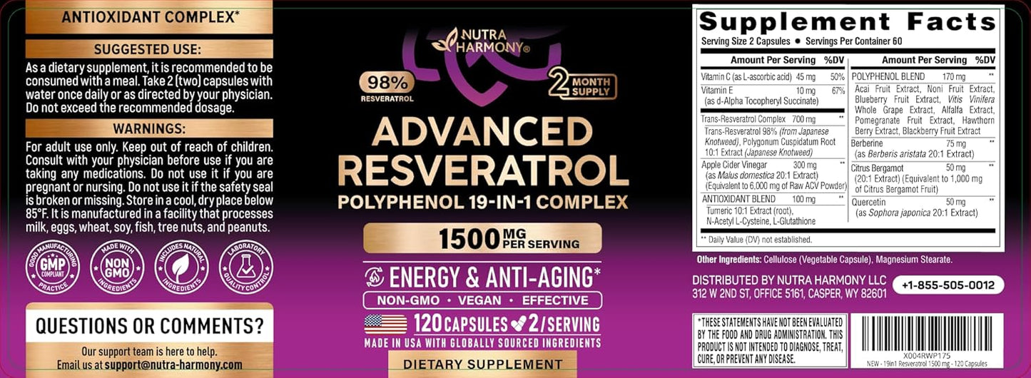 Resveratrol Polyphenol 15-in-1 Complex 1500 mg Capsules