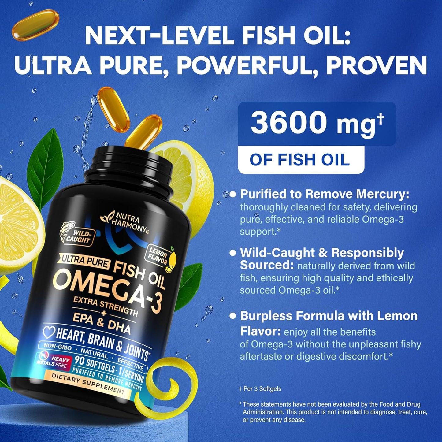 Omega 3 Fish Oil Supplement 3600 mg. Burpless, Lemon Flavored, 90 Softgels