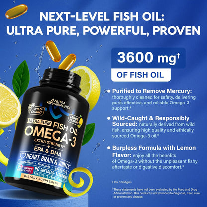Omega 3 Fish Oil Supplement 3600 mg. Burpless, Lemon Flavored, 90 Softgels