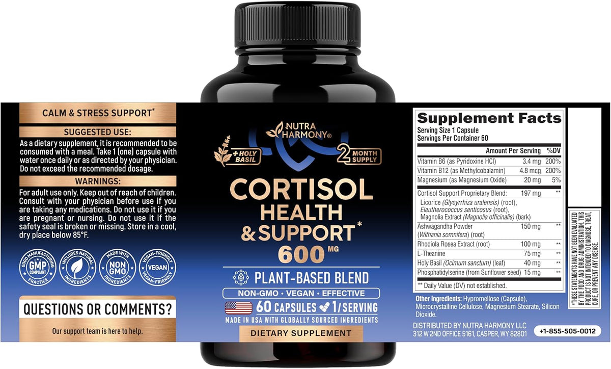 Supplement Facts: B6 (Pyridoxine HCl) 3.4 mg, B12 (Methylcobalamin) 4.8 mcg, Magnesium Oxide 20 mg. Proprietary Blend 197 mg [Licorice, Eleutherococcus senticosus, Magnolia Extract], Ashwagandha 150 mg, Rhodiola Rosea Extract 100 mg, L-Theanine 75 mg, Holy Basil 40 mg, Phosphatidylserine 15 mg. Other Ingredients: Hypromellose, Microcrystalline Cellulose, Magnesium Stearate, Silicon Dioxide.
Suggested Use:
Take 1 capsule daily with water and a meal.
Warnings:
For adult use only. Store below 85°F.