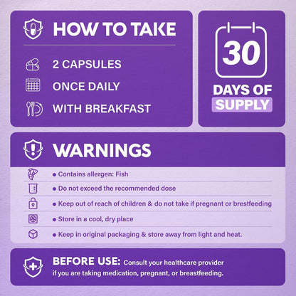 HOW TO TAKE: 2 capsules once daily with breakfast (30-day supply). WARNINGS: Contains fish allergen. Do not exceed recommended dose. Keep out of reach of children and do not take if pregnant or breastfeeding. Store in a cool, dry place in original packaging away from light and heat. BEFORE USE: Consult healthcare provider if taking medication, pregnant, or breastfeeding