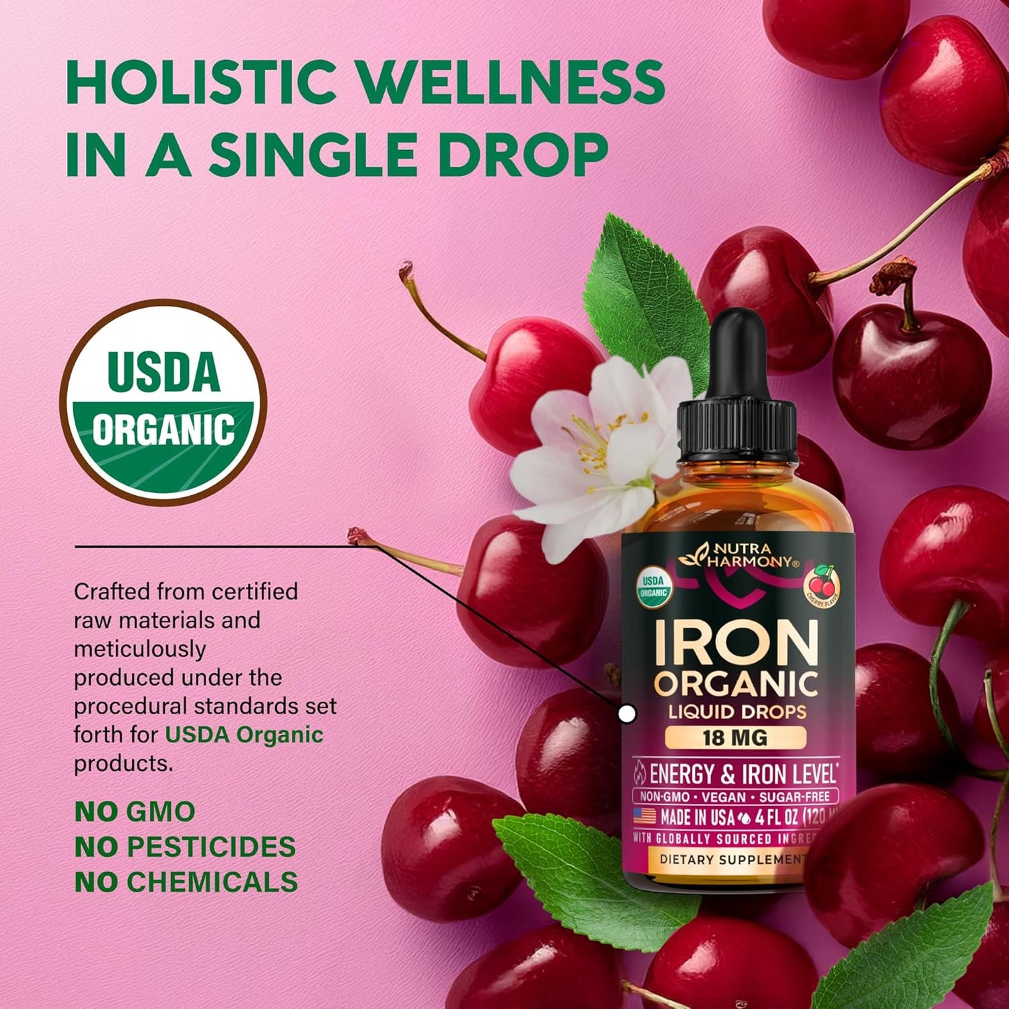 USDA Organic Iron 18 mg | High Absorption Ferric Glycinate Liquid Drops