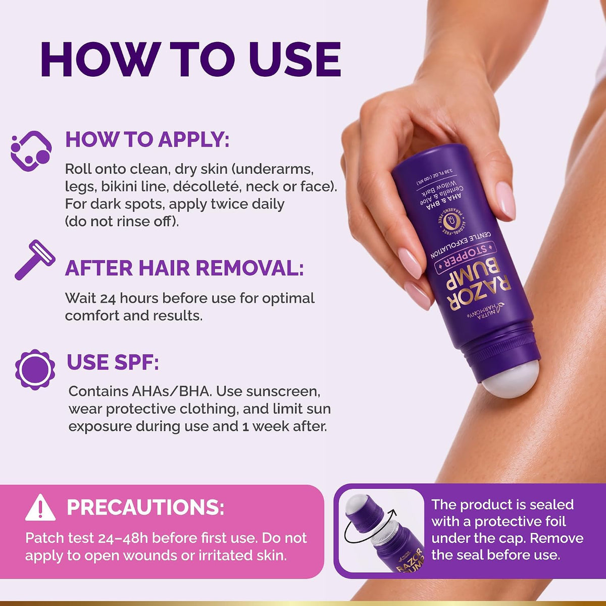 How To Use guide demonstrating roll-on application on legs. Details directions: Roll onto clean dry skin (apply twice daily for dark spots), wait 24 hours after hair removal, and use SPF daily. Outlines precautions to patch test 24–48h before first use and avoid open wounds. Reminds to remove protective foil seal under the cap before use.