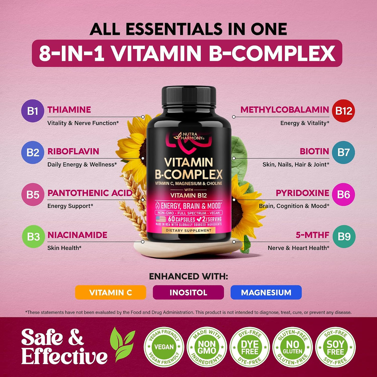 ALL ESSENTIALS IN ONE 8-IN-1 VITAMIN B-COMPLEX graphic detailing components: B1 Thiamine (nerve function), B2 Riboflavin (energy), B3 Niacinamide (skin), B5 Pantothenic Acid (energy support), B6 Pyridoxine (cognition/mood), B7 Biotin (skin/hair/nails/joints), B9 5-MTHF (heart health), and B12 Methylcobalamin (vitality), enhanced with Vitamin C, Inositol, and Magnesium. Badges confirm VEGAN FRIENDLY, NON-GMO, DYE-FREE, GLUTEN-FREE, and SOY-FREE.