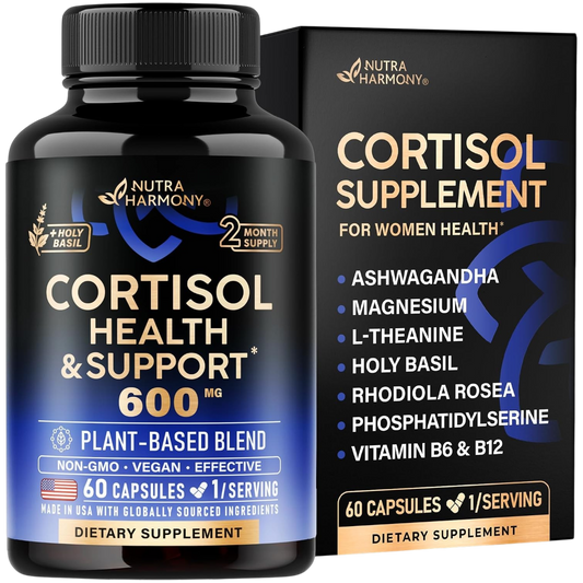 Cortisol Health & Support 60 Capsules Bottle & Box
Front Label & Box Details: Cortisol Health & Support 600 mg Plant-Based Blend; Cortisol Supplement for Women's Health.
Key Ingredients: Ashwagandha, Magnesium, L-Theanine, Holy Basil, Rhodiola Rosea, Phosphatidylserine, Vitamin B6 & B12.
Count & Supply: 60 Capsules (1 capsule per serving) providing a 2-Month Supply.